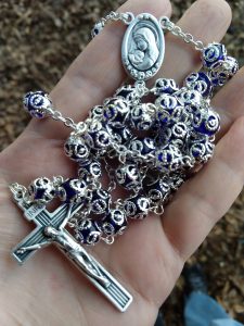 Blue and silver rosary with mother-and-Child medal